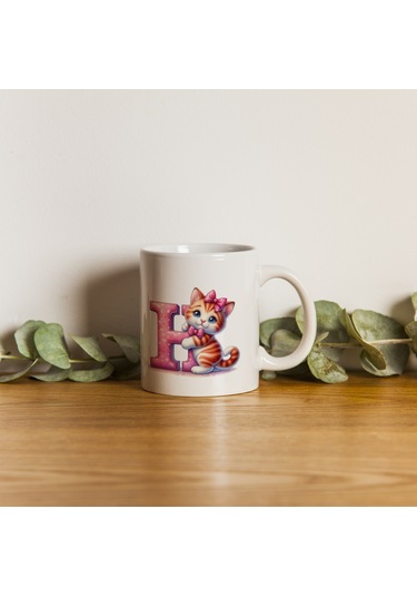 H Harfli Bardak, Sevimli Kedili Pembe Tasarım Bardak, Arkadaşa Aileye Hediye Porselen Beyaz