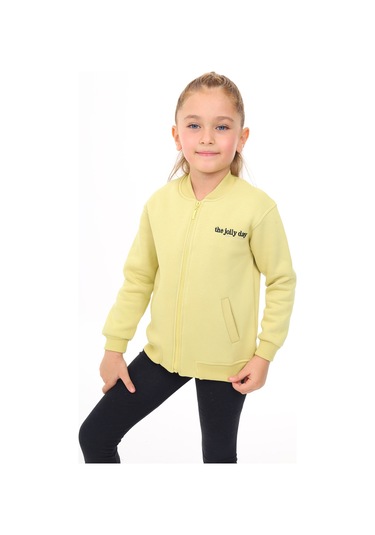 Toontoy Kız Çocuk Kolej Yaka Fermuarlı Cepli Düşük Omuz Nakış Baskılı Örme Hırka - 2 İplik Şardonlu Açık Yeşil