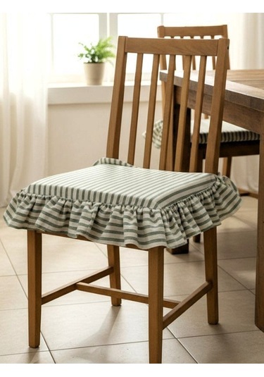 Yeşil Çizgili Buldan Yıkanmıs Keten 4 Tarafı Fırfırlı Sandalye Minderi Çok Renkli