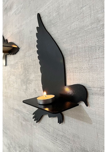 Dekoratif Kuş Duvar Rafı 3 Lü Set 30 Cm Duvar Mumluğu Siyah