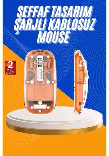 Mouse Fare Kablosuz Mouse Fare Şarjlı Bluetooth Sessiz 5 Tuşlu Şeffaf Standart