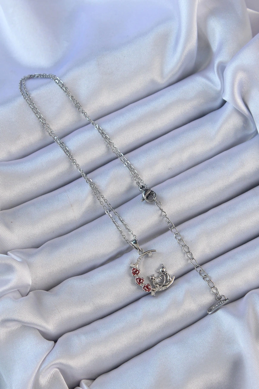 Dodes 316l Çelik Zincir Gümüş Renk Kırmızı Gül Detay Kedi Figür Zirkon Taşlı Ay Kolye Tg27bko9130 Çok renkli