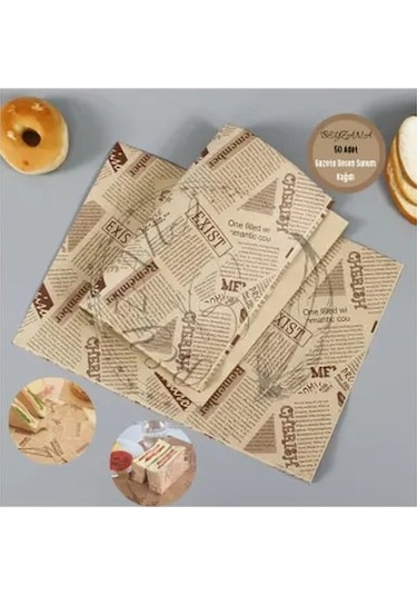 Kapamarka Vintage Gazete Desenli Sunum Kağıdı 50 Adet 3 Parça