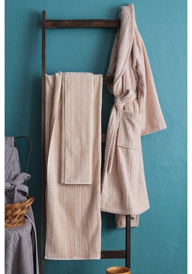 Apricitas Home Timeless Gri-bej %100 Pamuk 6 Parça Aile Bornoz Seti