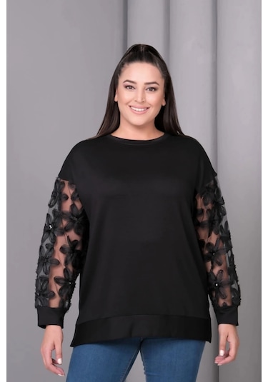 Kolları Tül Çiçek Aplikeli Bluz Siyah