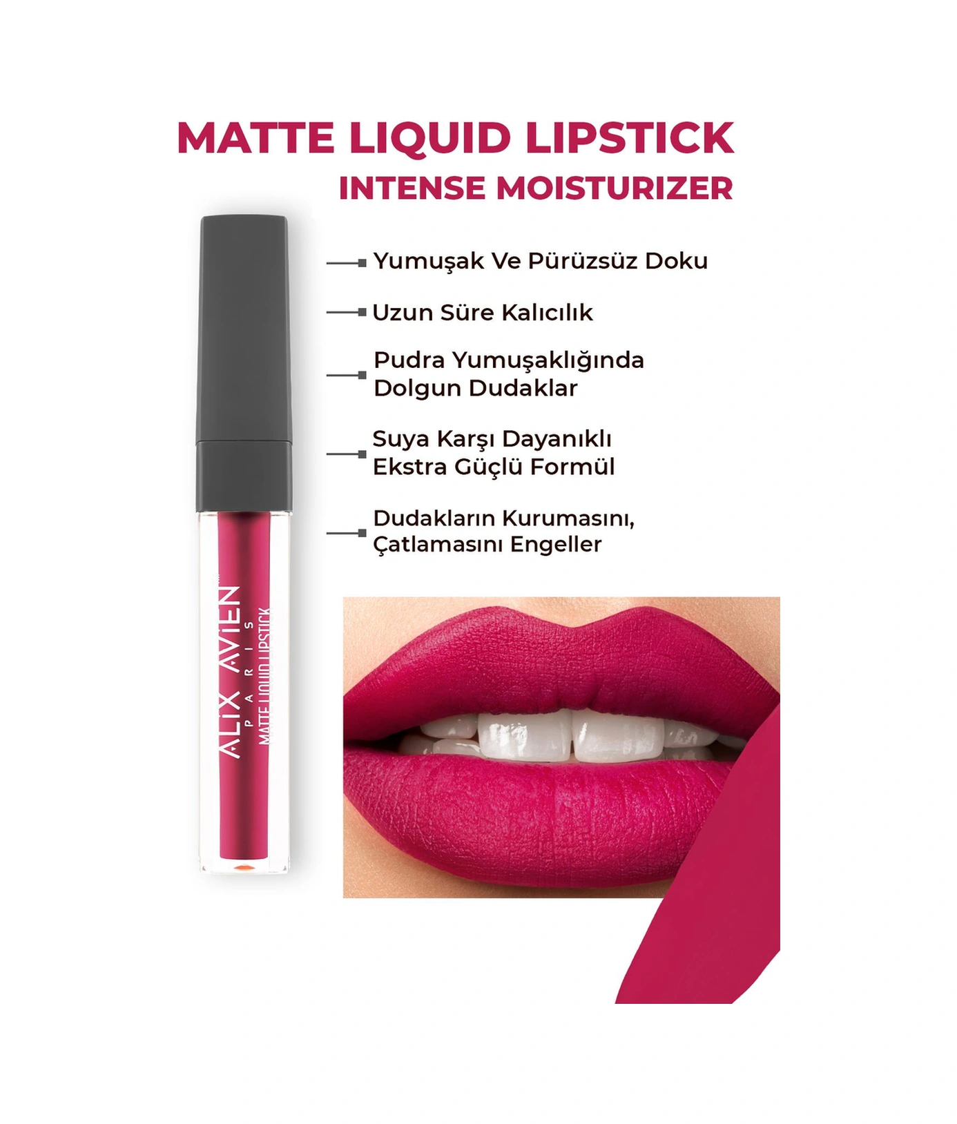 Alix Avien Uzun Süre Kalıcı Kadifemsi Kuruma Yapmayan Mat Likit Ruj Matte Liquid Lipstick 514 Bright Fuchsia