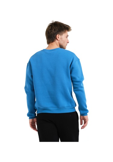 Justever Bisiklet Yaka Nakışlı Şardonlu İçi Polarlı Mavi Erkek Sweatshirt - Volar Mavi