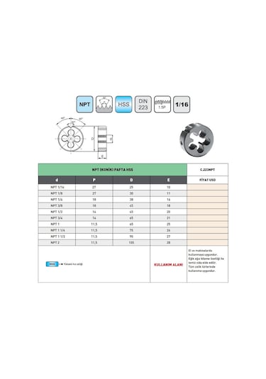 Fett Npt 3/4 -14 Pld Dın223 Hss Npt Konik Diş Pafta
