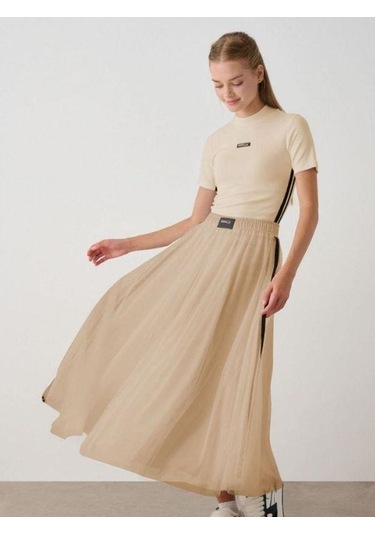 Kız Çocuk Yarım Balıkçı Yaka Tül Tasarım Etekli Takım-14934 Bej