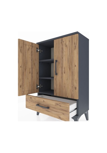 Arges Komodin 2 Raflı Tek Çekmeceli 2 Kapaklı 60x30x96 Antrasit-çam Antrasit