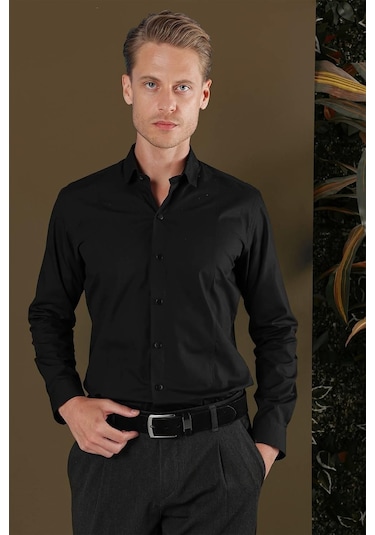 Gk 700 Slim Fit Siyah Klasik Gömlek Siyah