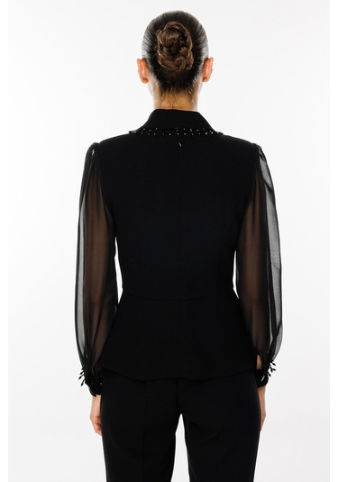 Moda İlgi Kadın Boncuk Detaylı Kısa Ceket T07527 Siyah Siyah