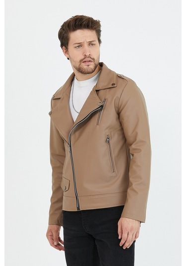 Erkek Vizyon Yeni Sezon Çapraz Fermuarlı Deri Ceket Mont-Vizon