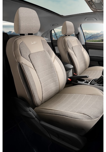 Bej - Bej Butti Lino Serisi Keten Kumaş Premium Oto Koltuk Kılıfı Ortopedik Destekli, Ön Arka Tam Set