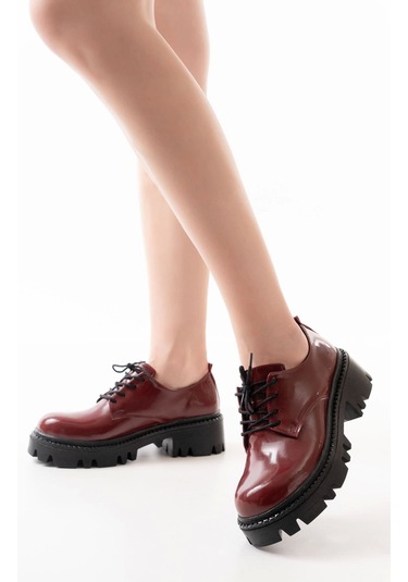 Bordo Rugan Bağcıklı Günlük Yüksek Tabanlı Loafer Ayakkabı Bordo