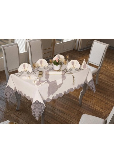 26 Parça Keten Zambak Masa Örtüsü Takımı Krem Gri Krem - Gri