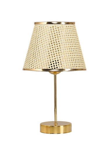 Star Gold Ayaklı Abajur Altın Şeritli Hasır Başlık Yatak Odası Salon Masa Lambası 2 Adet Altın Krem