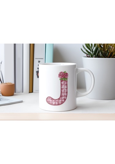 J Harfli Retro Çiçekli Kupa Bardak - Patchwork Tarz Yamalı Desenli İsme Özel Kupa - Hediye 07 Beyaz