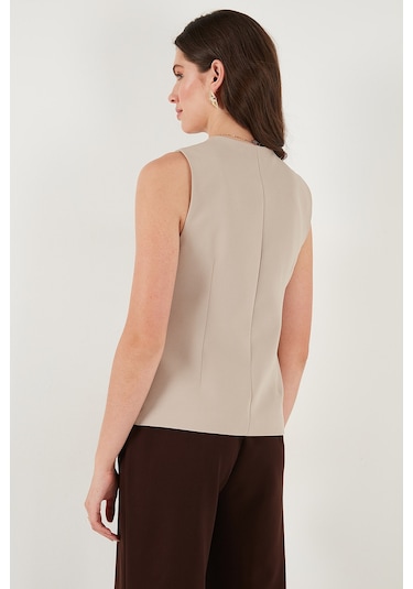 Lela Regular Fit Bisiklet Yaka Kolsuz Düğmeli Basic Bluz Bayan Yelek 65200004 Taş