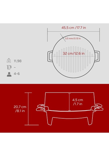 Lava Döküm Yuvarlak Mangal Izgara Set Döküm Demir Yekpare Çift Kulplu Çap Ø 36cm. Bordo