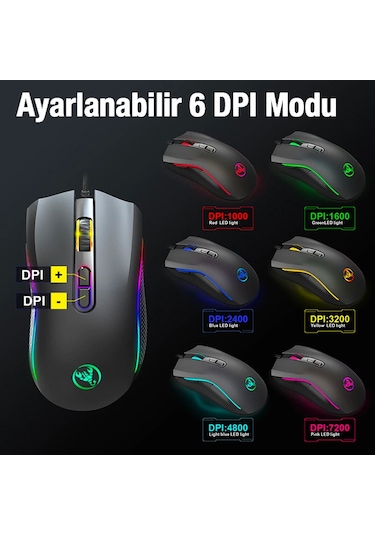 HXSJ A869 7200DPI Ayarlanabilir RGB Işık Gaming Oyuncu Mouse