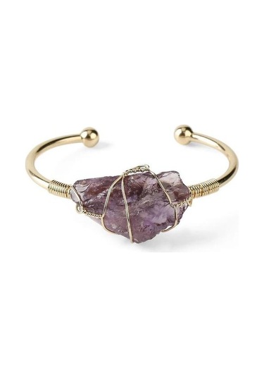 Doğal Taş Tel Wrap Düzensiz Kristal Kuvars Manşet Bakır Bilezik Gold-rose Quartz Altın - Bej