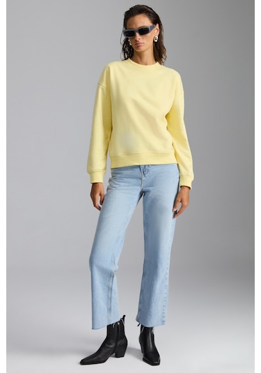 Vaneltına Kadın Içi Polarlı 3 Iplik Organik Pamuk Oversize Basic Bisiklet Yaka Sarı Sweatshirt