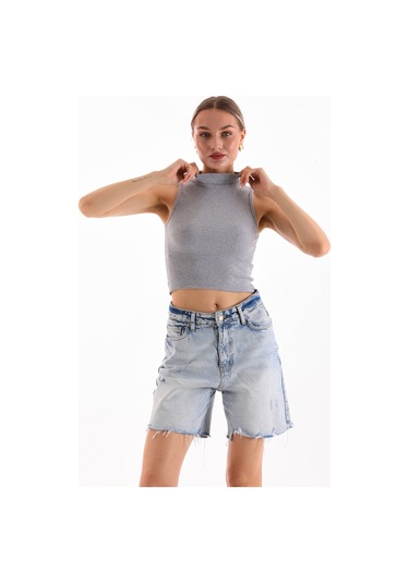 Kadın Likralı Kolsuz Crop Bluz Gri