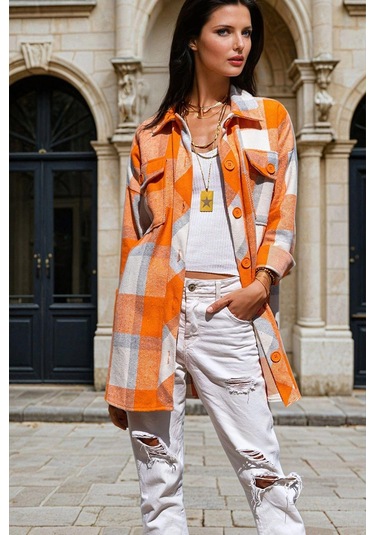 Turuncu Ekose Desenli, Çift Cep Detay, Oversize Kesim, Ceket Gömlek Turuncu