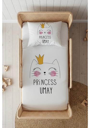 %100 Pamuk Saten İsme Özel İsimli 100x200 Tek Kişilik Lastikli Çarşaf Seti Princess Beyaz