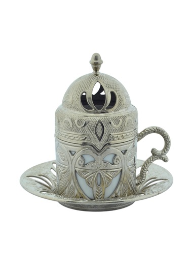 Defne 6 Kişilik 24 Parça Porselenli Gümüş Renk Kahve Fincan Seti Gümüş