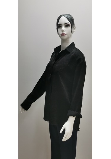 Kadın Uzun Kollu Salaş Parlak Simli Kumaş Pamuk Gömlek Siyah