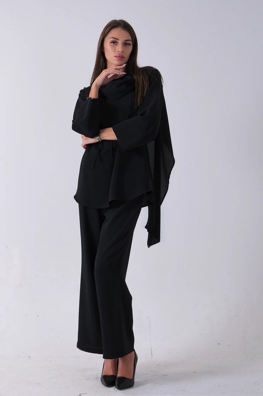 Feminist Siyah Şal Yaka Üzeri Broş Detaylı Pantolonlu Takım 4592270.01 Siyah