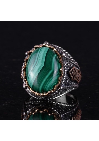 925 Ayar Katı Gümüş Erkek Yüzük, Doğal Malakit Taşlı Yüzük Gümüş