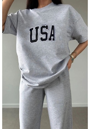 Usa T-shirt Eşofman Altı Jogger- Gri Baskılı Alt Üst Eşofman Takım Oversize Bisiklet Yaka Gri