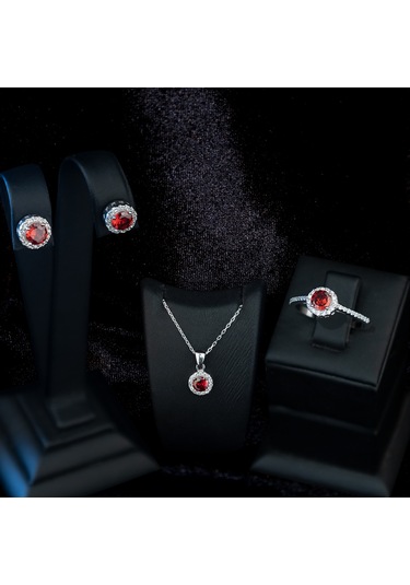 Dkmn Gümüş 925 Ayar Gümüş Kırmızı Tek Taşlı Set