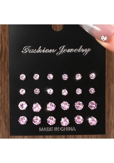 Flybuy 12'li Zirkonlu Gümüş Küpeler: Şık, Parlak, Çiftlere Özel, 4-6mm, 1.5cm Gümüş