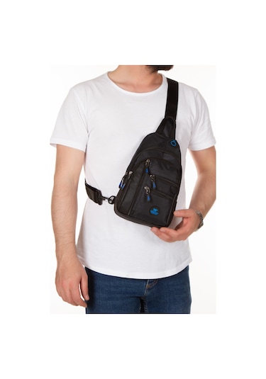 Newish Polo Erkek Kumaş Usb Kulaklık Çıkışlı Bodybag Göğüs Ve Omuz Çantası New172 - Siyah - Mavi