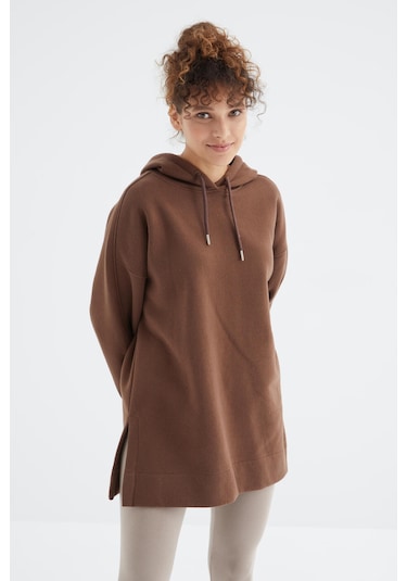 Kahverengi Reglan Kol Basic Kapüşonlu Oversize Sweatshirt Tunik - 97242 Kahverengi