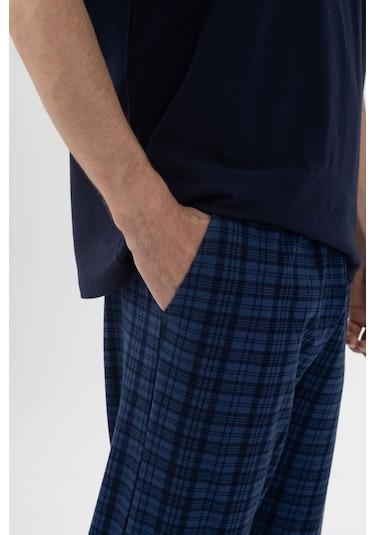 Erkek Pamuklu Kısa Kollu Lacivert Ekose Desenli Cep Detaylı Pijama Takımı Ke30205.34 Lacivert