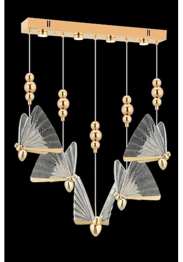 İstanbul Avize İpek Yemek Masası 5'li Gold Ledli 3 Renk Modern Led Avize Gold