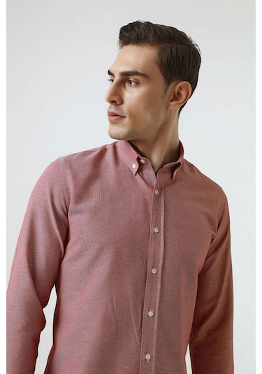 D'S Damat Ds Damat Slim Fit Kırmızı Armürlü Düğmeli Yaka Pamuklu Gömlek 5HC02ORT07265 Kırmızı