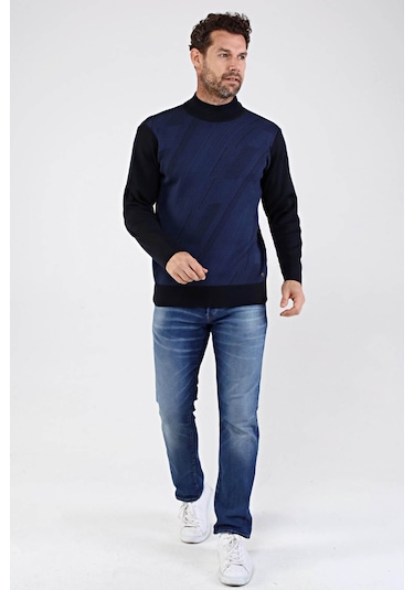 Çizgi Triko Erkek Çelik Örgü Yarım Balıkçı Triko Kazak 4609B Laci Lacivert