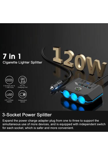 Youtek Siyah Araç Şarj Adaptörü: 3 Çıkışlı Prizi + 4 Usb Hızı 3.4a , Led Voltaj Göstergeli, 12-24v Evrensel, Çoklu Koruma Fonksiyonlu