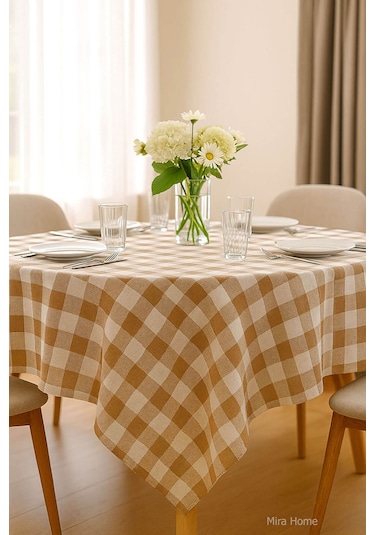 Mira Home Kareli Masa Örtüsü Sofra Bezi 160x160 Cm Happytime Bej