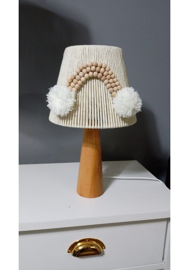 Ekru Makrome Avize Abajur Set Ahşap Boncuklu Bebek Çocuk Odası E27 Uyumlu Ekru