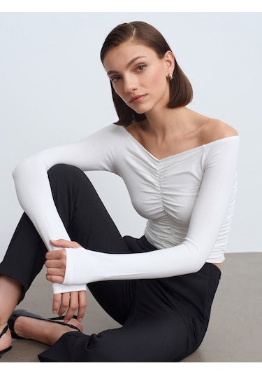 Dilvin 32089 Omuzları Açık Büzgülü Top-ekru Ekru