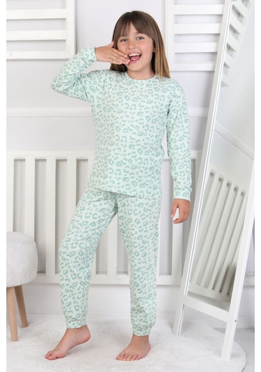 Minik Uyku Avcısı - Vahşi Rahatlık Serisi Leopar Desenli Kız Çocuk Pijama Takımı Mint