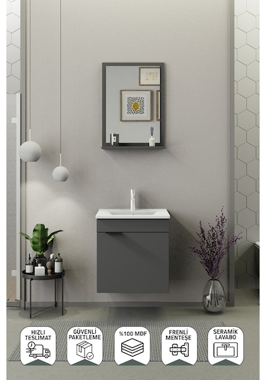 Biani Fix Arya 55 Cm Banyo Dolabı,Seramik Lavabolu, Aynalı,Lavabo Dahil,Mdf,Mat Gri Biani Fix Arya 55 Cm Banyo Dolabı,Seramik Lavabolu, Aynalı,Lavabo Dahil,Mdf,Mat Gri