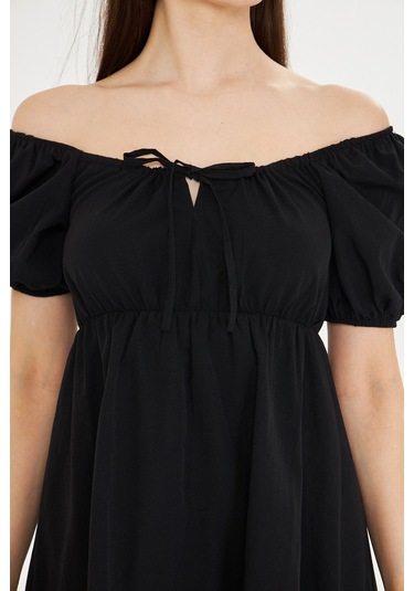 Beli Lastikli Buzgulu Poplin Elbise Siyah